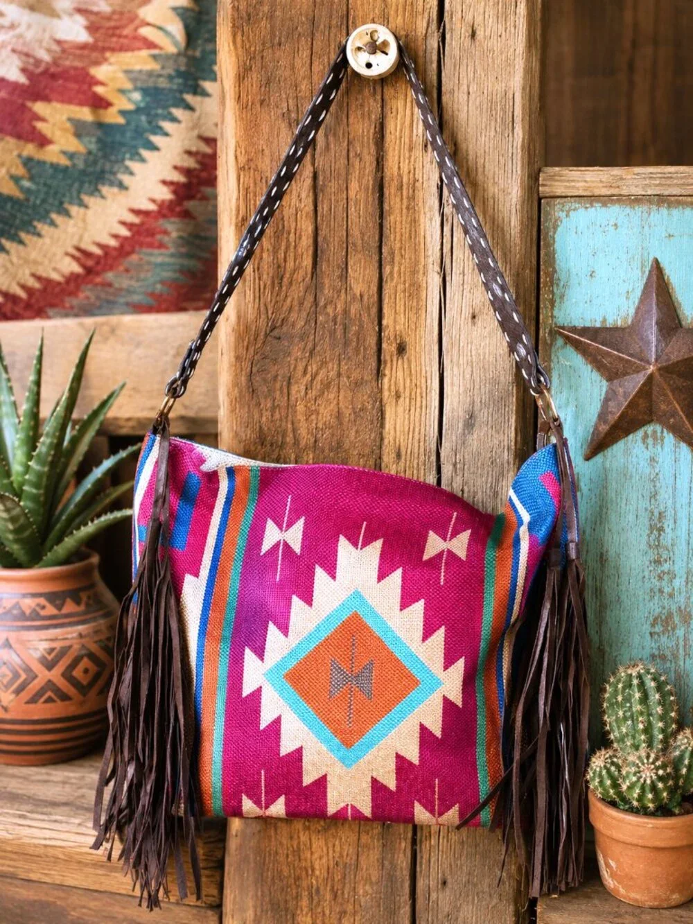 Southwestern Magenta Fringe Tote Bag Purse Faux Leather Western Aztec Canvas NWT